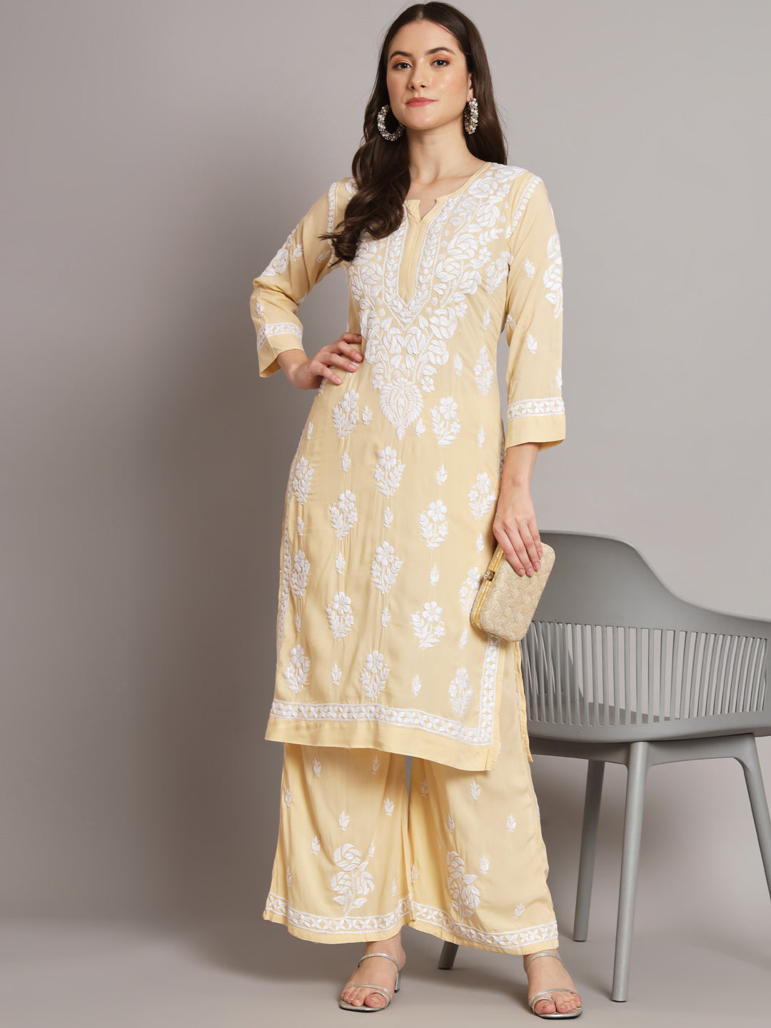 Hand Embroidered Chikan Modal Straight Kurta Palazzos AL3668KS