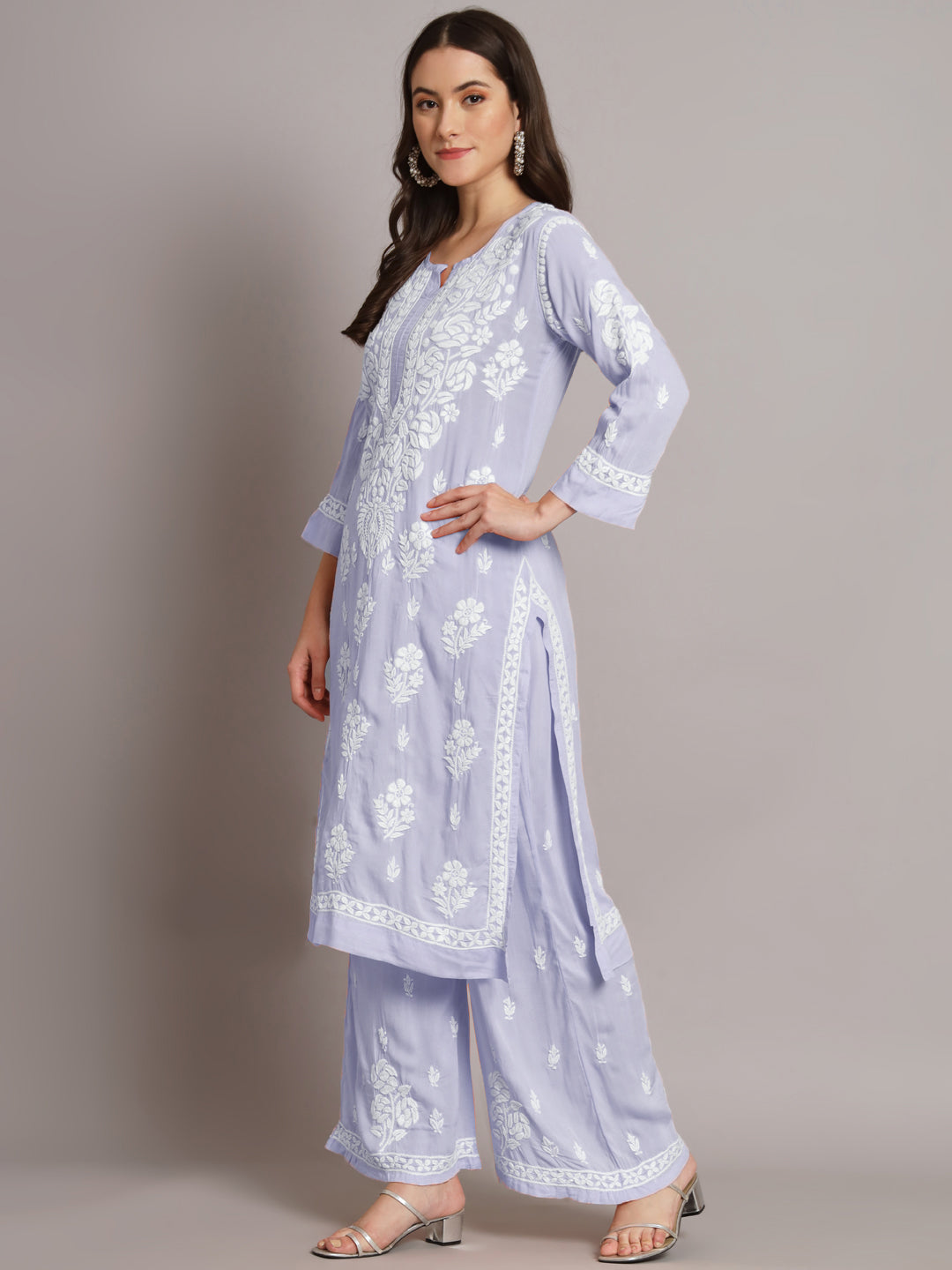 Hand Embroidered Chikan Modal Straight Kurta Palazzos AL3668KS