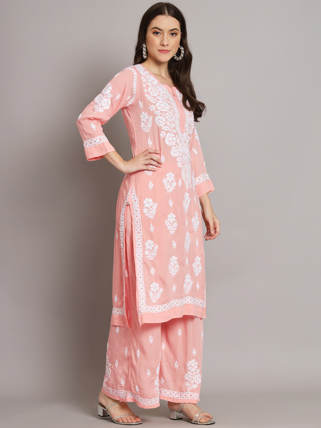 Hand Embroidered Chikan Modal Straight Kurta Palazzos AL3668KS