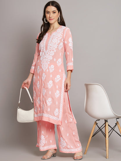 Hand Embroidered Chikan Modal Straight Kurta Palazzos AL3668KS