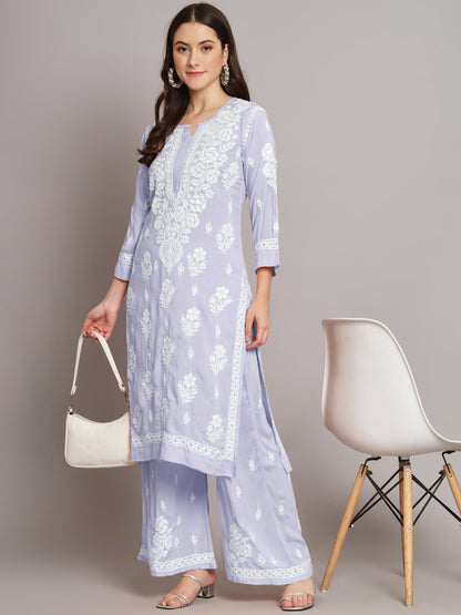 Hand Embroidered Chikan Modal Straight Kurta Palazzos AL3668KS