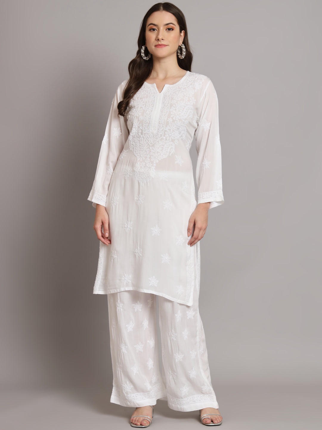 Hand Embroidered Chikankari Modal Kurta with Palazzo- AL3662KS White