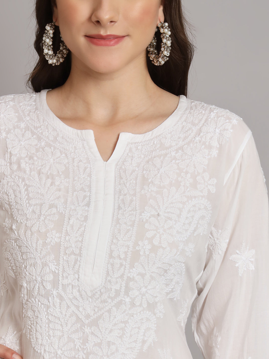 Hand Embroidered Chikankari Modal Kurta with Palazzo- AL3662KS White