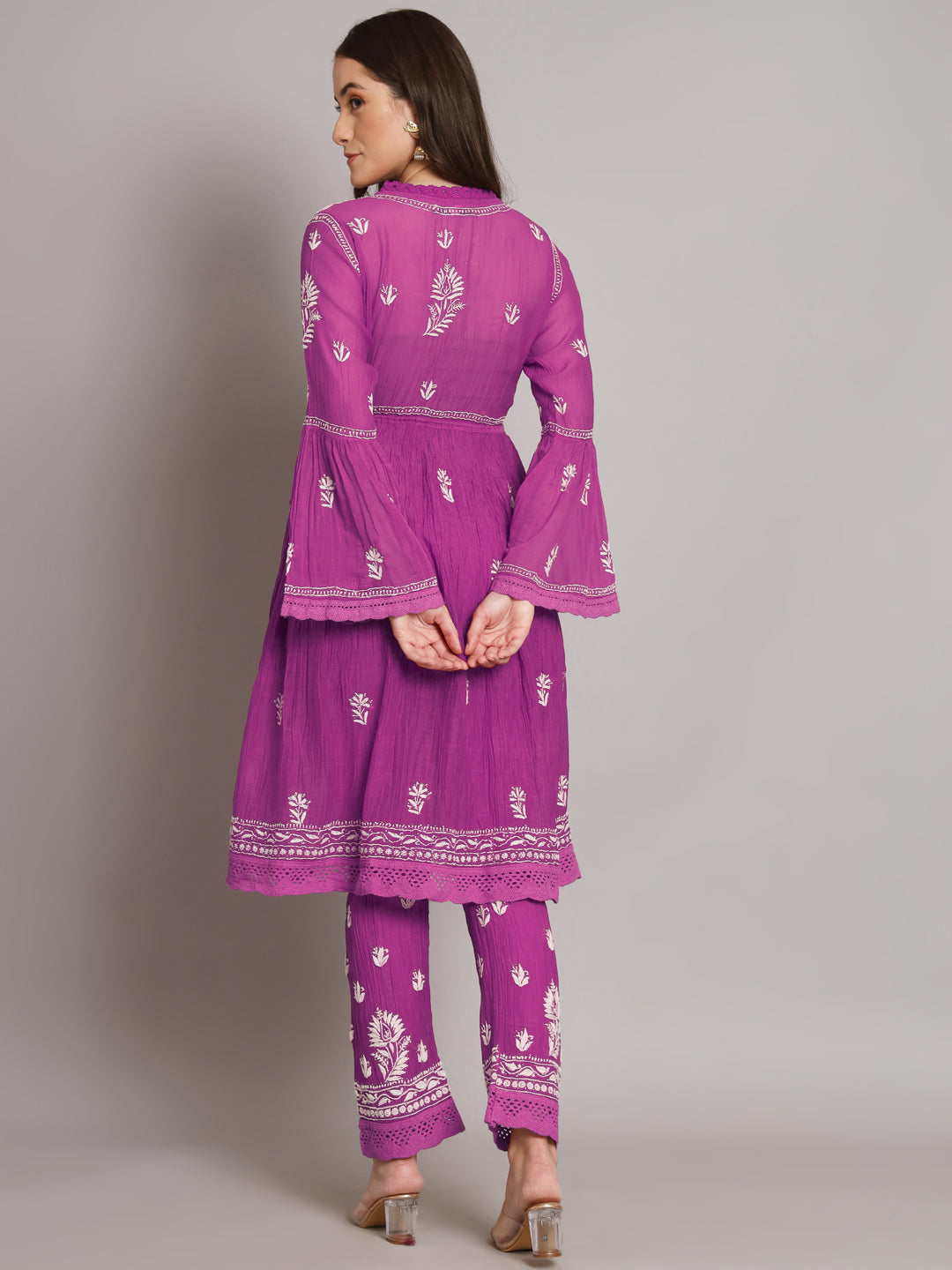 Hand Embroidered Chikankari Chanderi Cotton Frock Style Kurta Pant-AL3661KS Magenta