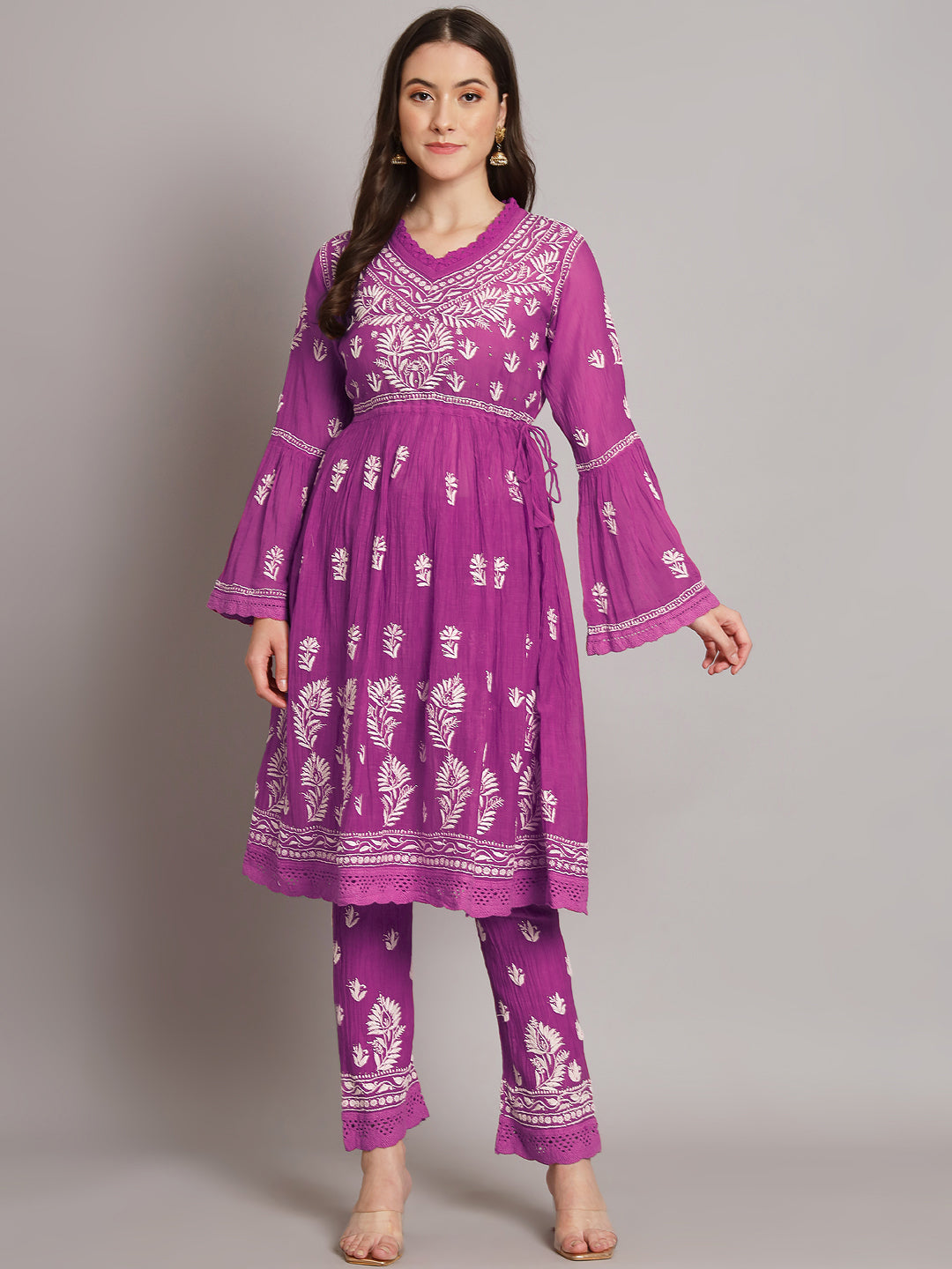 Hand Embroidered Chikankari Chanderi Cotton Frock Style Kurta Pant-AL3661KS Magenta