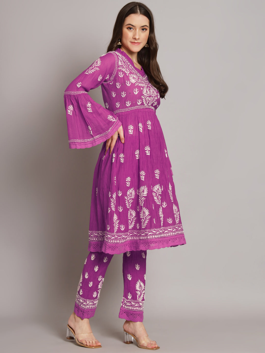 Hand Embroidered Chikankari Chanderi Cotton Frock Style Kurta Pant-AL3661KS Magenta