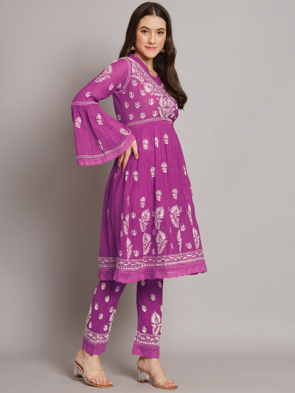Hand Embroidered Chikankari Chanderi Cotton Frock Style Kurta Pant-AL3661KS
