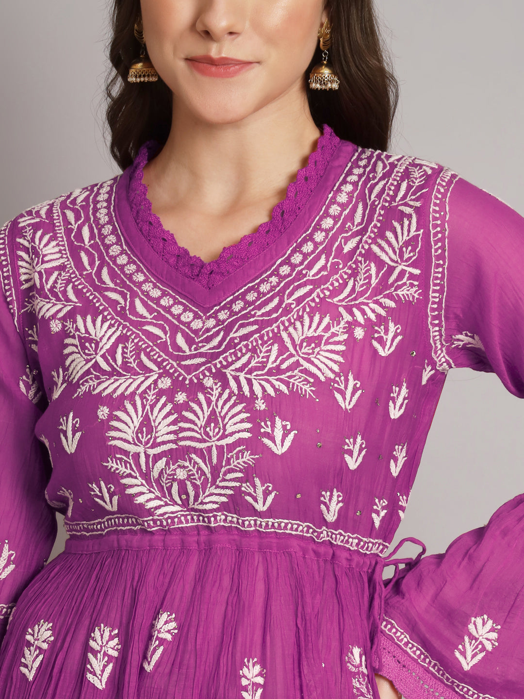Hand Embroidered Chikankari Chanderi Cotton Frock Style Kurta Pant-AL3661KS Magenta