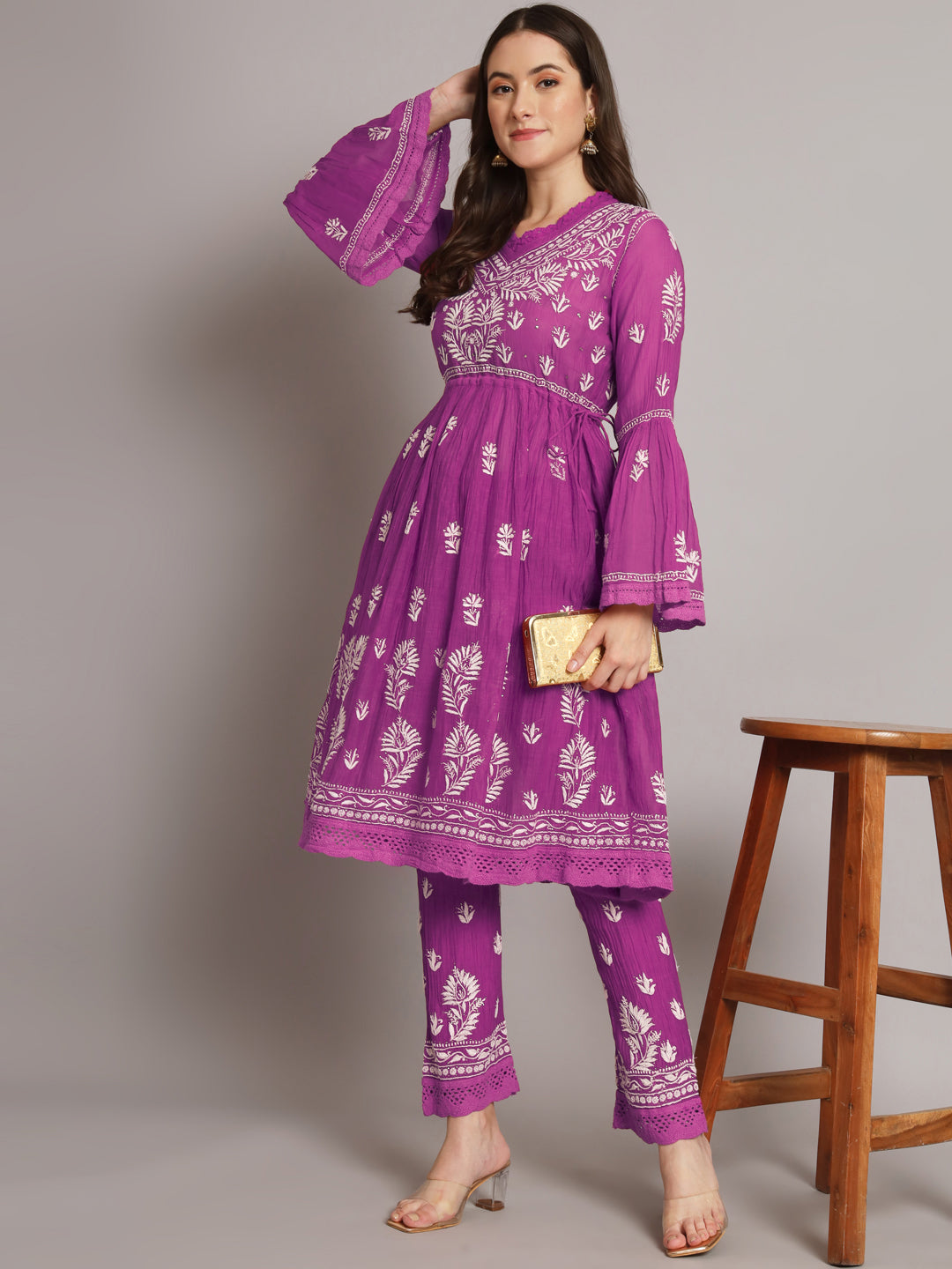 Hand Embroidered Chikankari Chanderi Cotton Frock Style Kurta Pant-AL3661KS Magenta