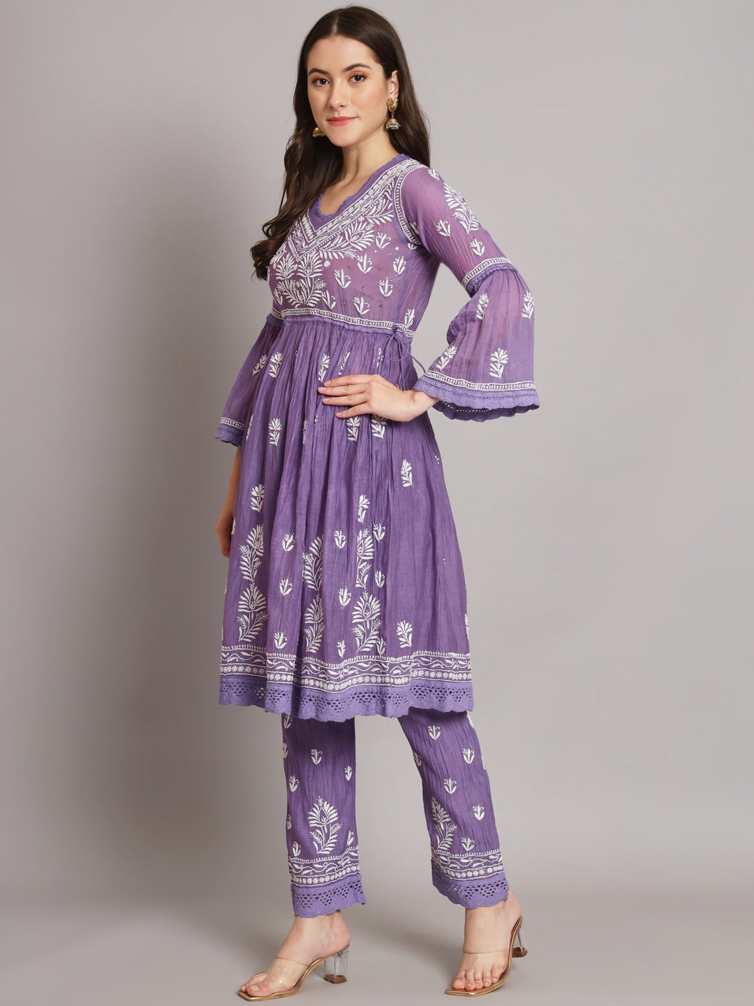Hand Embroidered Chikankari Chanderi Cotton Frock Style Kurta Pant-AL3661KS Mauve