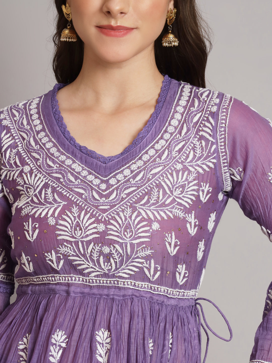 Hand Embroidered Chikankari Chanderi Cotton Frock Style Kurta Pant-AL3661KS Mauve