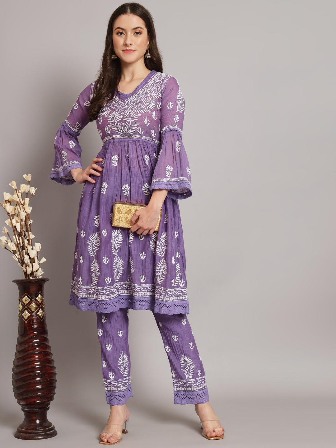 Hand Embroidered Chikankari Chanderi Cotton Frock Style Kurta Pant-AL3661KS Mauve