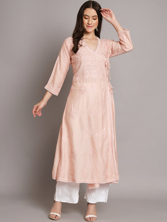 Women chikankari hand Embroidered Chanderi Angrakha kurta-AL3667