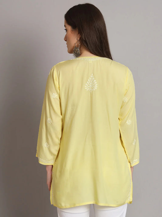 Women Hand Embroidered Chikankari Modal Kurti-AL3611 Yellow