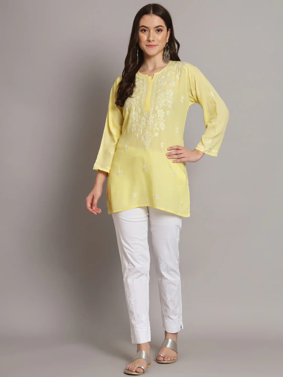 Women Hand Embroidered Chikankari Modal Kurti-AL3611 Yellow