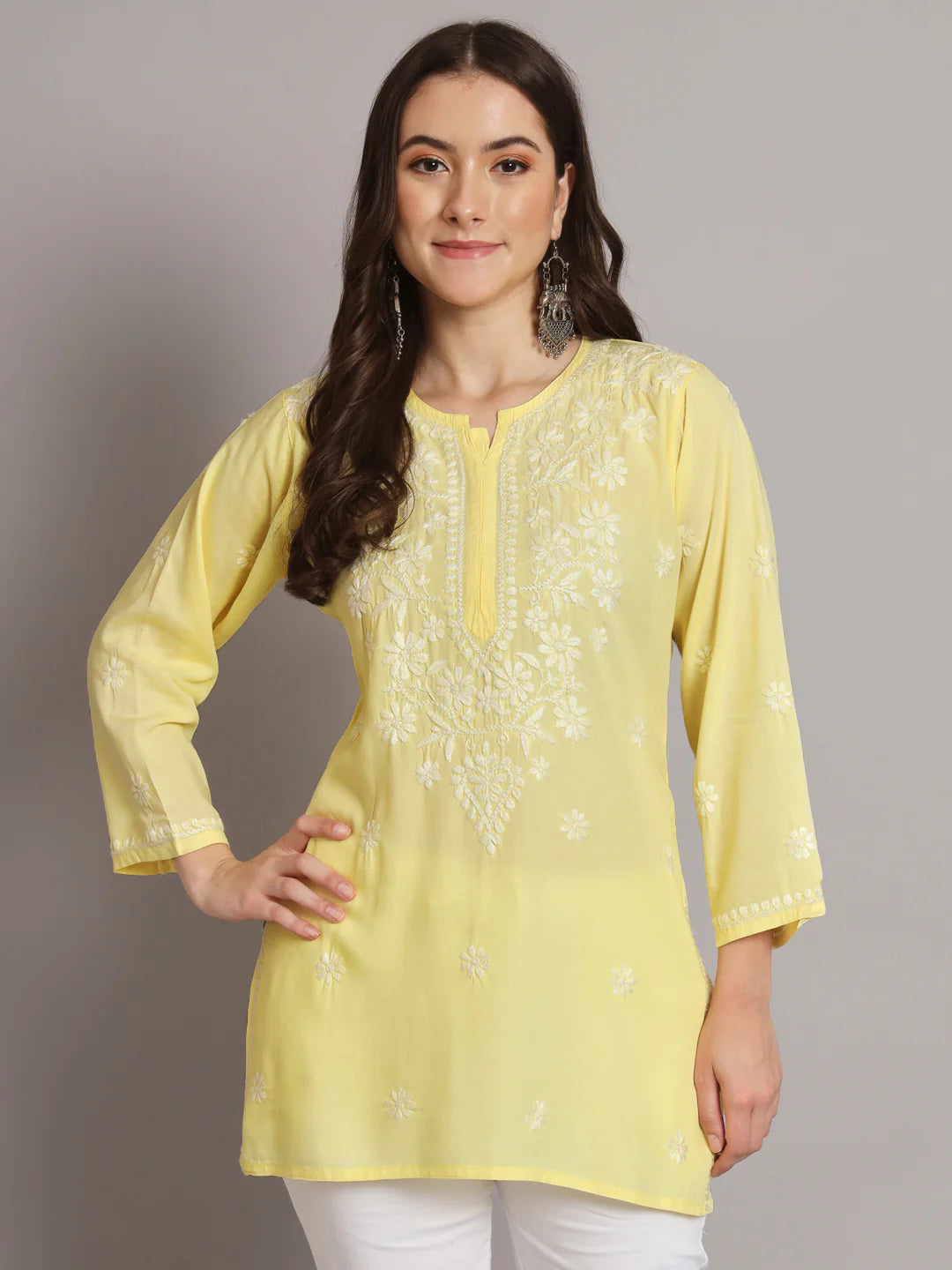 Women Hand Embroidered Chikankari Modal Kurti-AL3611 Yellow