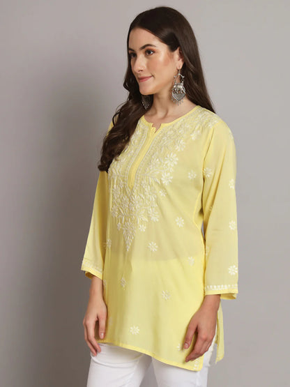 Women Hand Embroidered Chikankari Modal Kurti-AL3611 Yellow