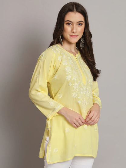 Women Hand Embroidered Chikankari Modal Kurti-AL3611 Yellow