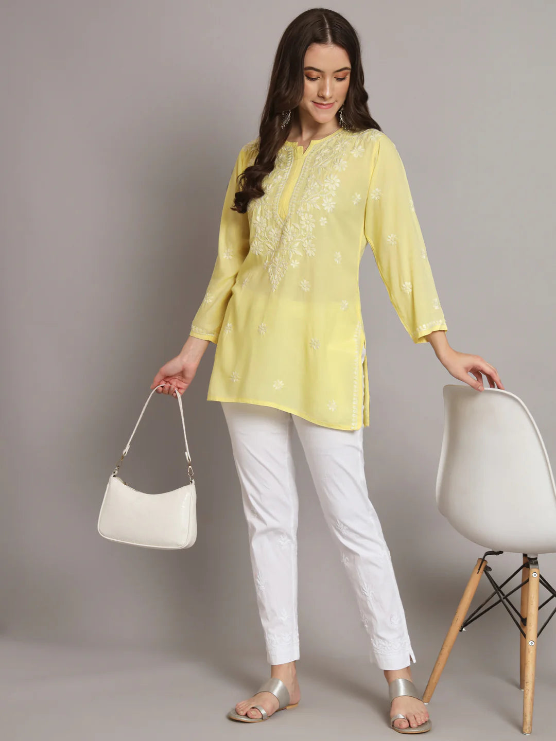 Women Hand Embroidered Chikankari Modal Kurti-AL3611 Yellow