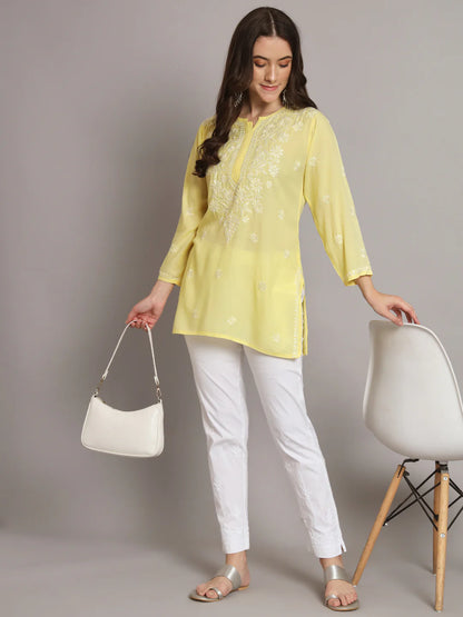 Women Hand Embroidered Chikankari Modal Kurti-AL3611 Yellow