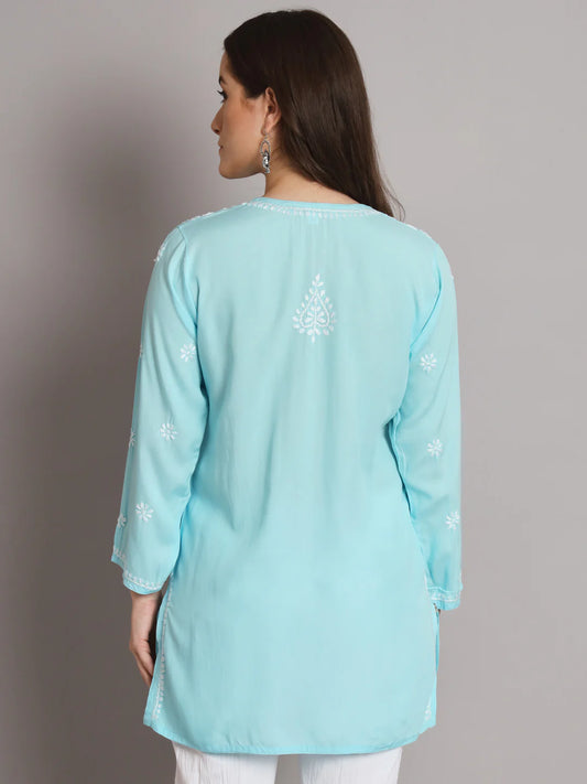 Women Hand Embroidered Chikankari Modal Kurti-AL3611 Sky Blue