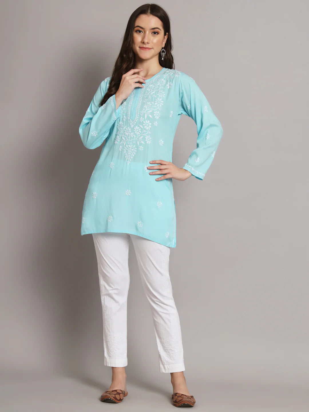Women Hand Embroidered Chikankari Modal Kurti-AL3611 Sky Blue