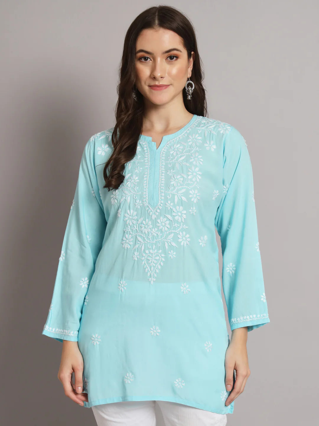 Women Hand Embroidered Chikankari Modal Kurti-AL3611 Sky Blue