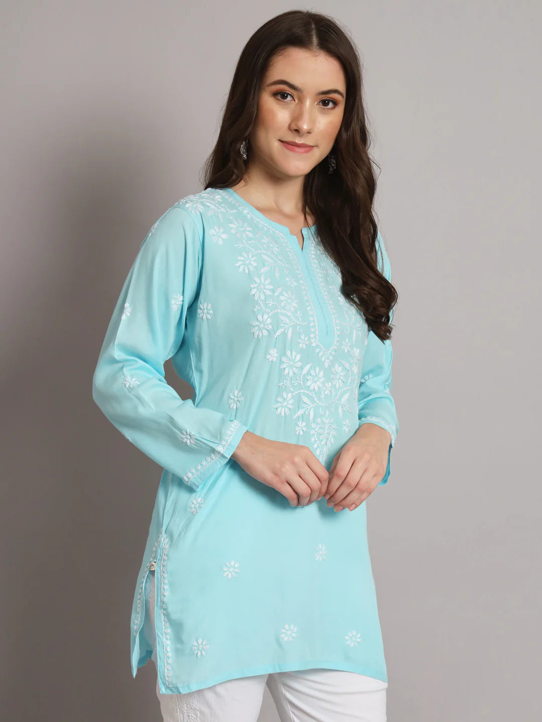 Women Hand Embroidered Chikankari Modal Kurti-AL3611 Sky Blue