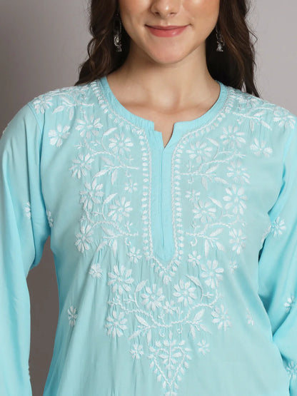 Women Hand Embroidered Chikankari Modal Kurti-AL3611 Sky Blue