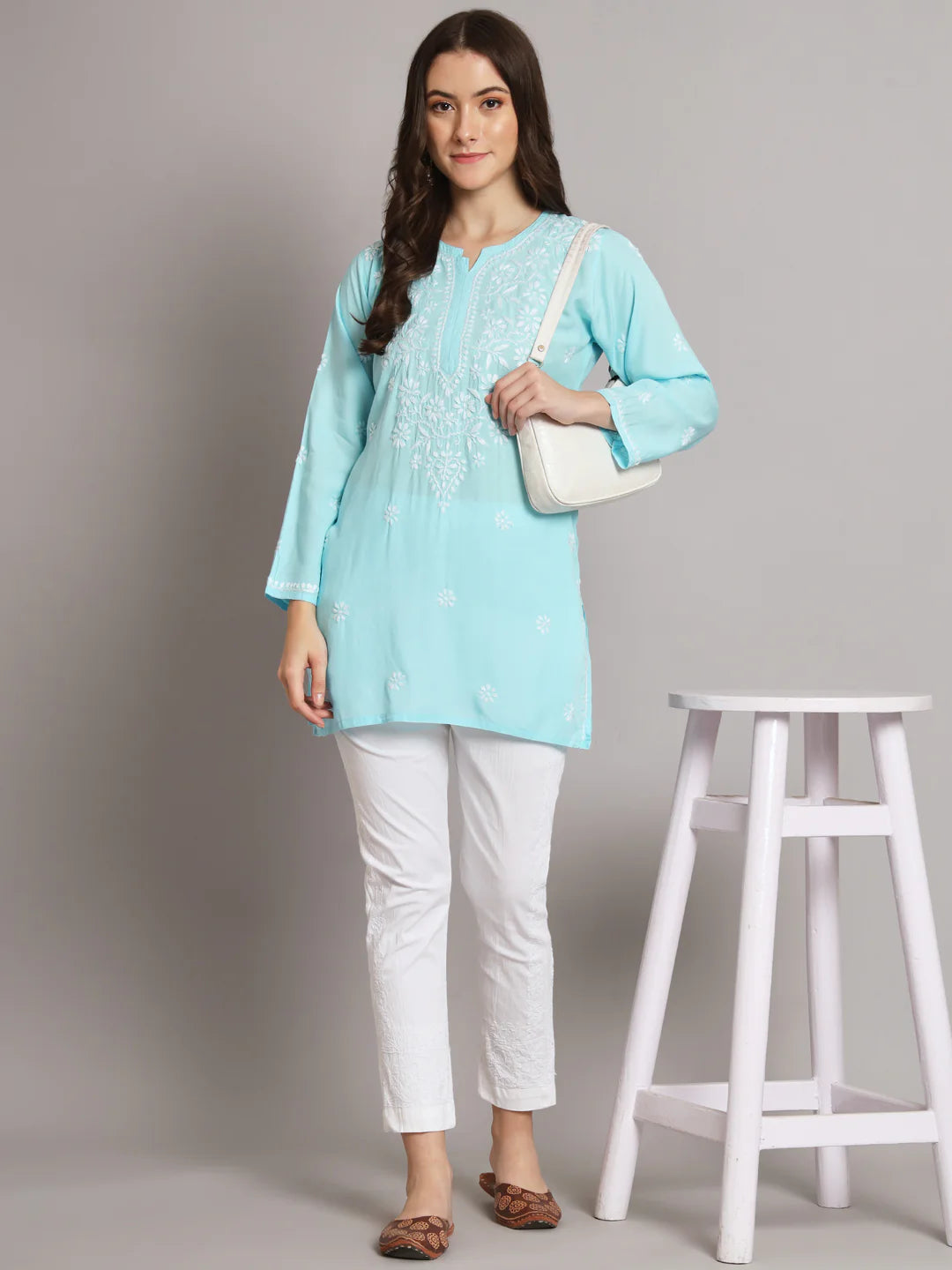 Women Hand Embroidered Chikankari Modal Kurti-AL3611 Sky Blue