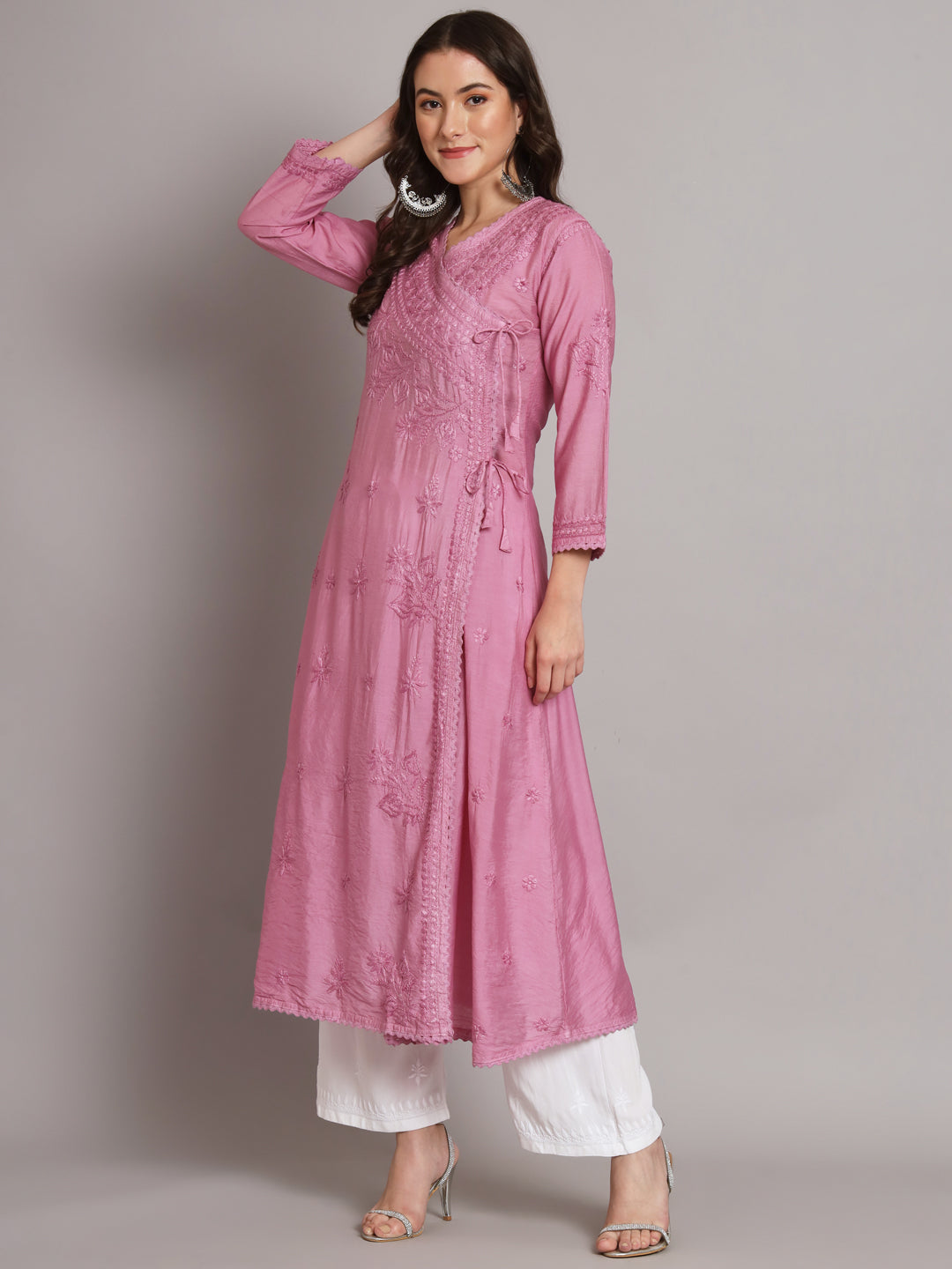 نسائي شيكانكاري مطرز يدويًا Chanderi Angrakha kurta-AL3667
