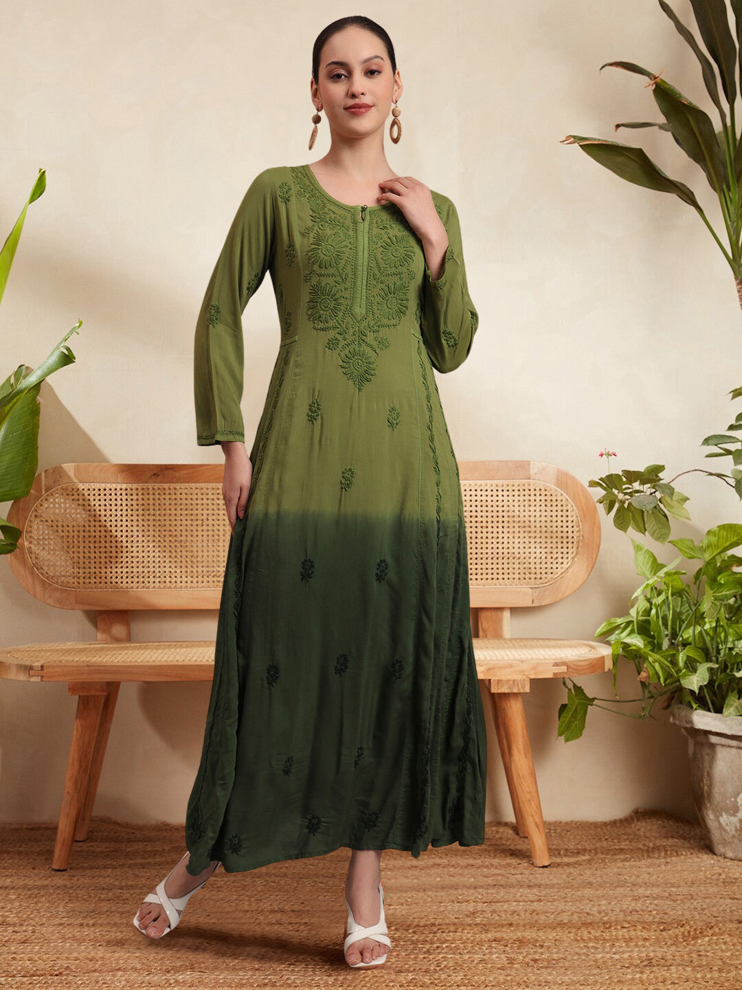 Hand Embroidered Chikankari Modal Ombre Jalabiya-AL4018 Olivegreen