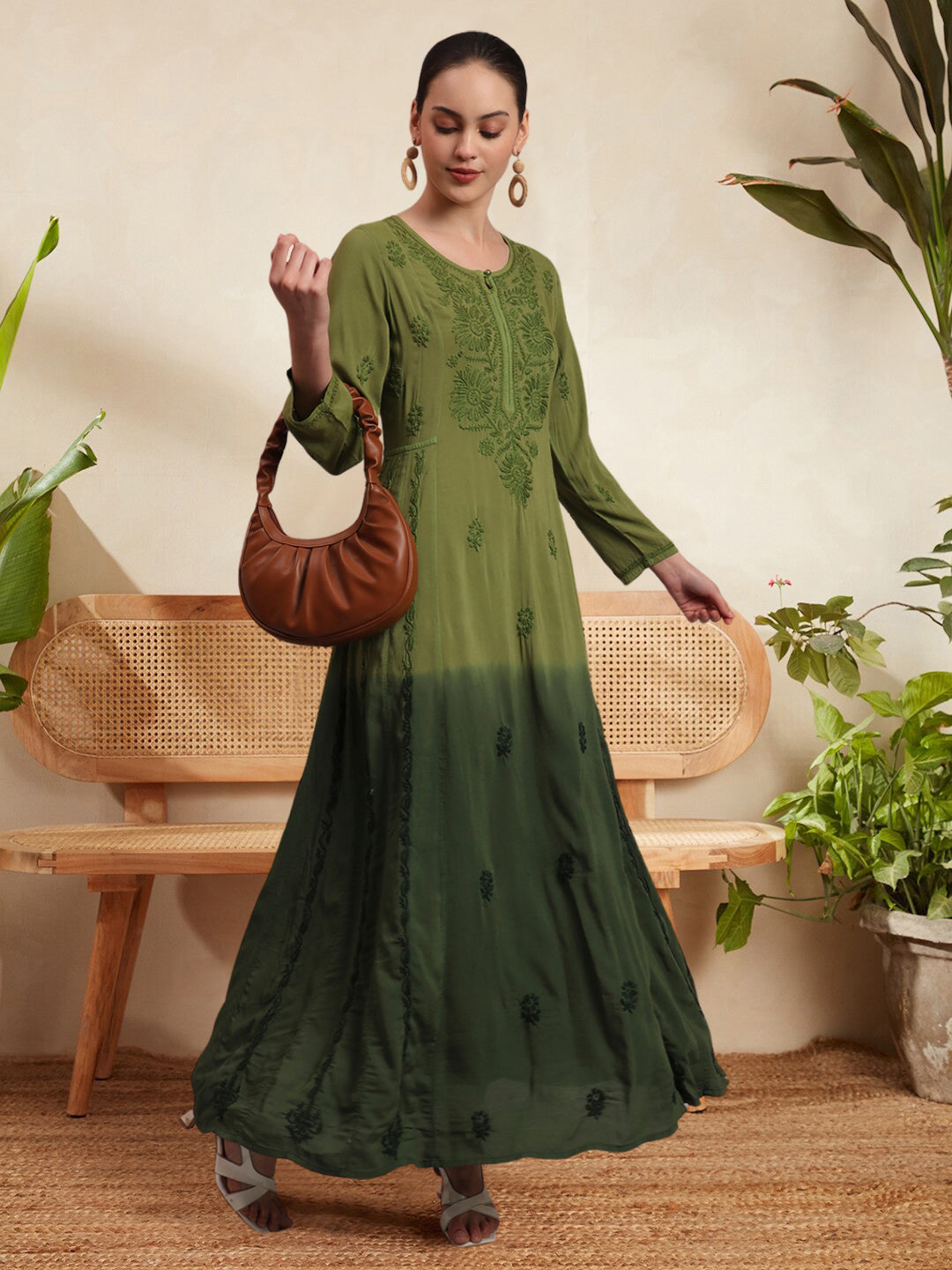 Hand Embroidered Chikankari Modal Ombre Jalabiya-AL4018 Olivegreen
