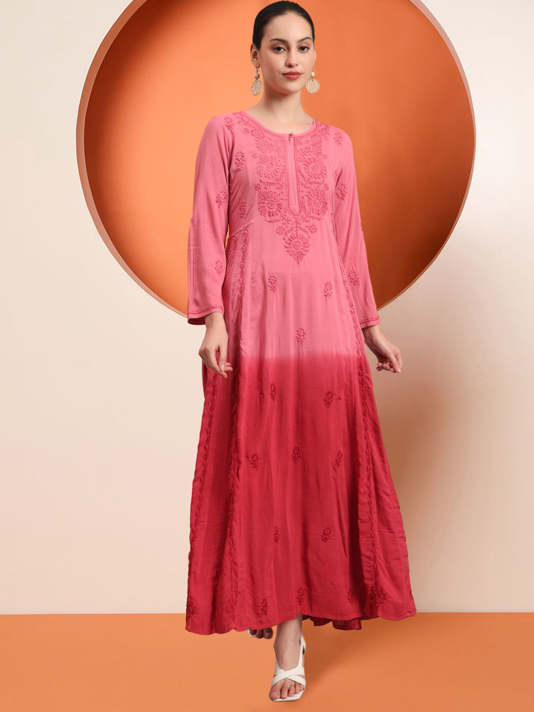 Hand Embroidered Chikankari Modal Ombre Jalabiya-AL4018 Coral