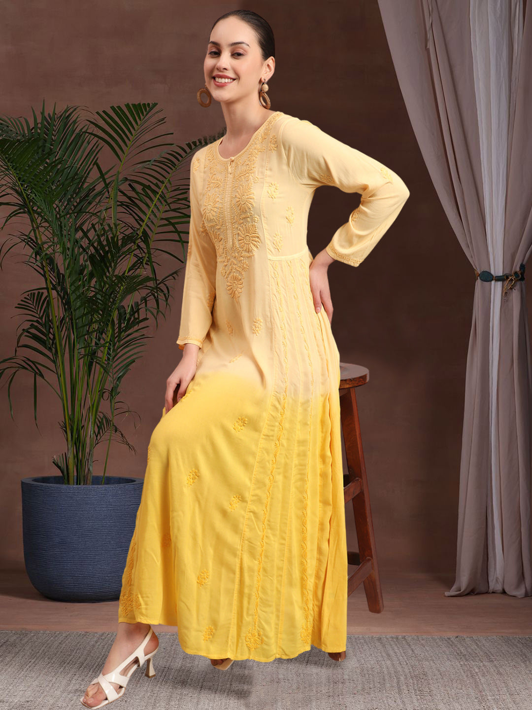 Hand Embroidered Chikankari Modal Ombre Jalabiya-AL4018 Yellow