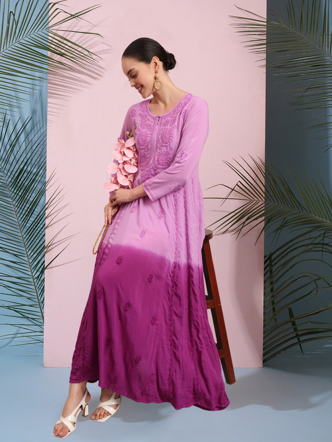 Hand Embroidered Chikankari Modal Ombre Jalabiya-AL4018 Purple