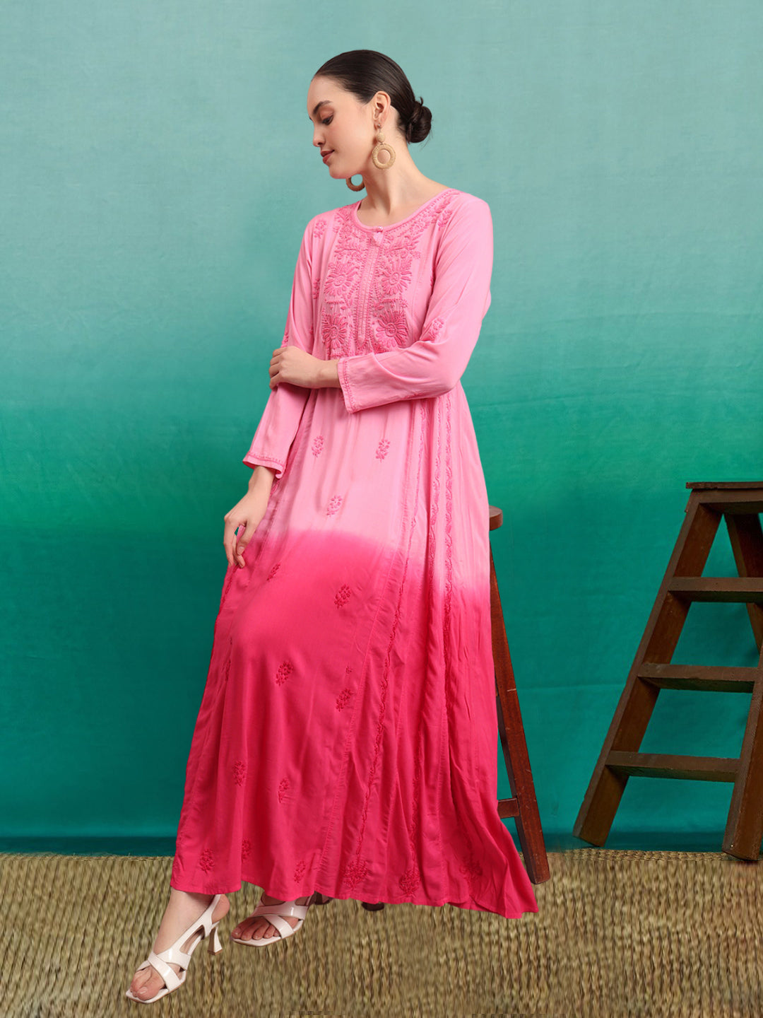 Hand Embroidered Chikankari Modal Ombre Jalabiya-AL4018 Pink