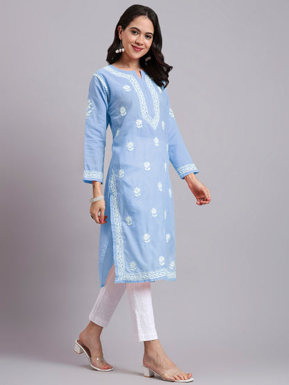 Women Hand Embroidered Chikankari Cotton Kurta-AL3999 Denim