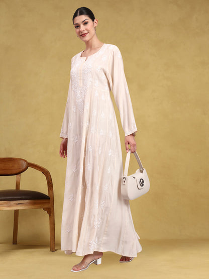 Hand Embroidered Chikankari Chanderi Jalabiya-AL4088 Beige