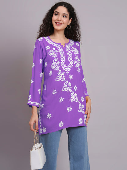 Women Hand Embroidered Chikankari Rayon Short Kurti-AL4071 Mauve