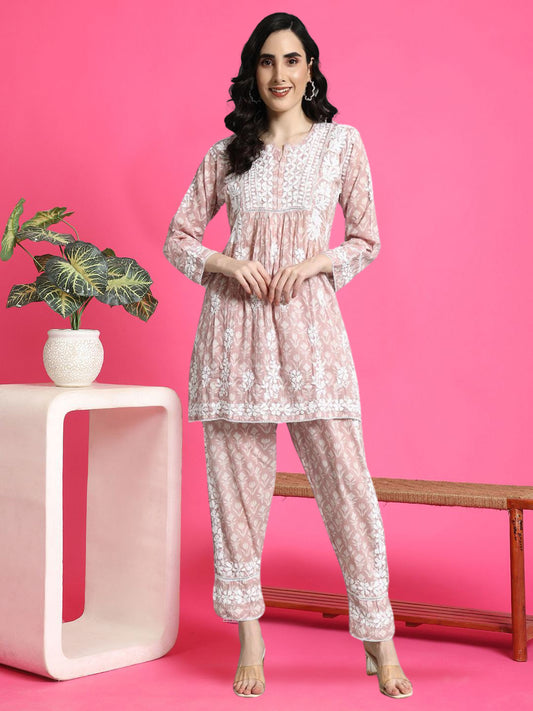 Printed Mulmul Co-Ord Set for Women-AL4055 Onionpink