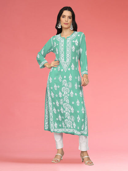 Women Hand Embroidered Chikankari Modal Kurta-AL4042 Sea Green