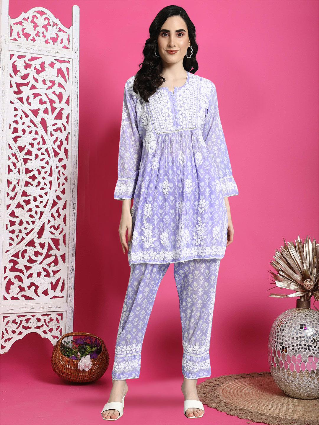Printed Mulmul Co-Ord Set for Women-AL4055 Mauve