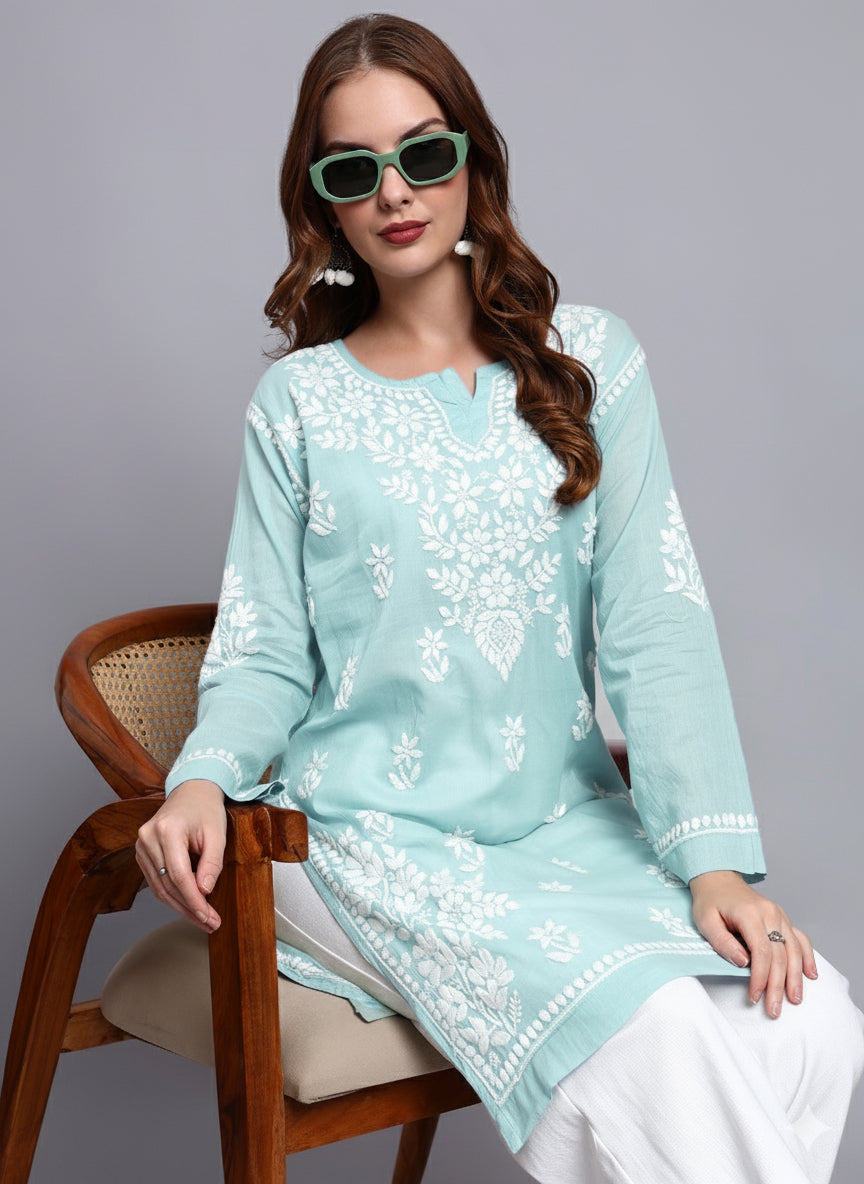 Women Hand Embroidered Chikankari Cotton Kurti -AL3685 Seagreen