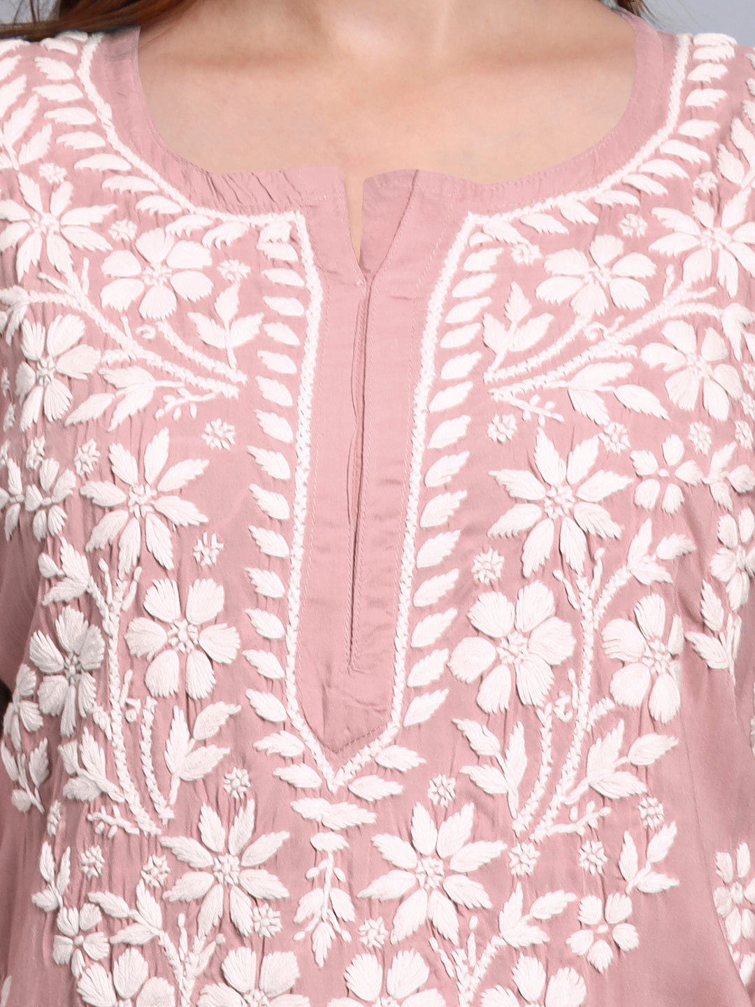 Women Hand Embroidered Chikankari Modal Kurti -AL3702 Rust