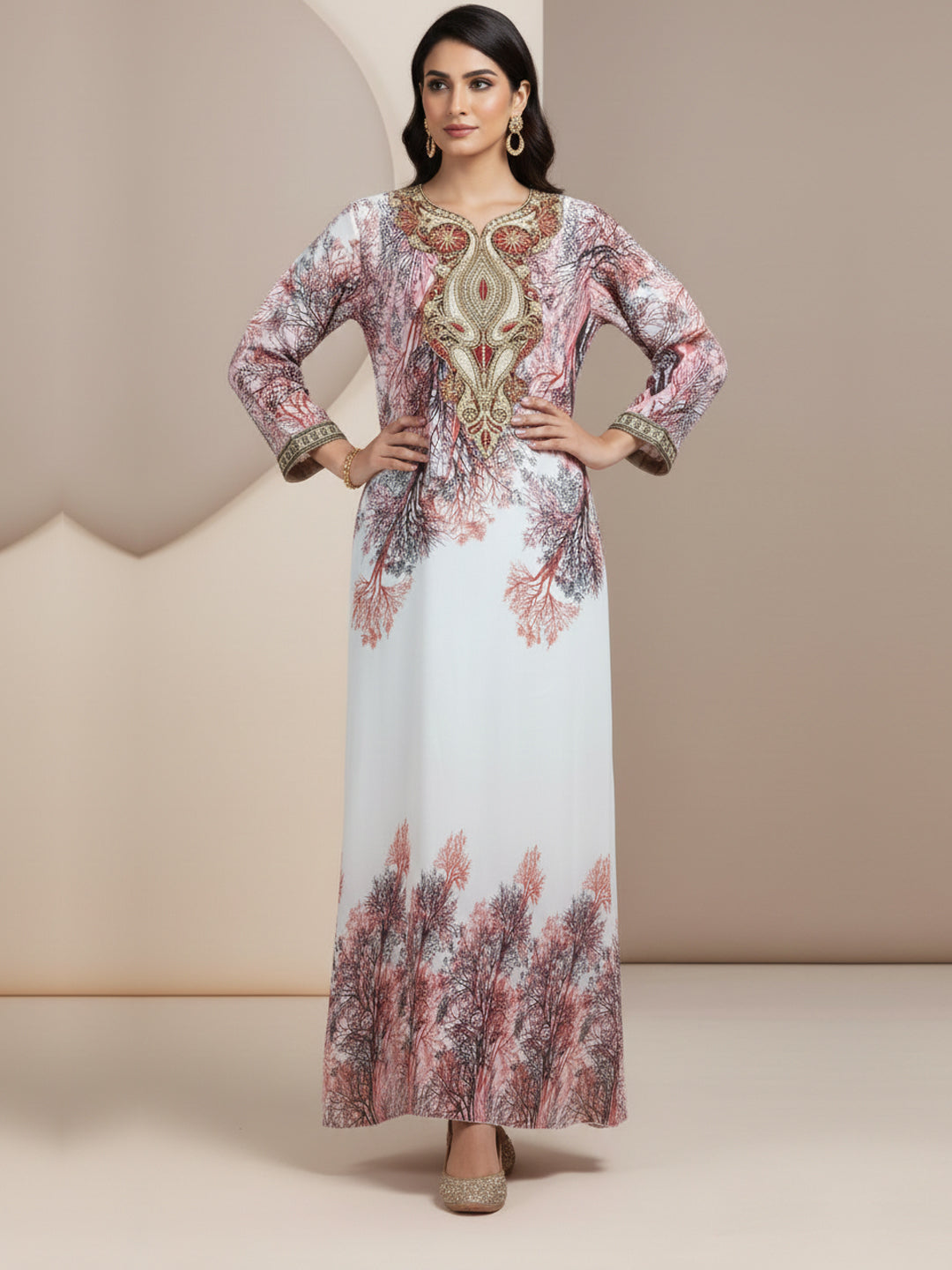 Women Floral Embroidered Chiffon Jalabiya-AL3830 Brown