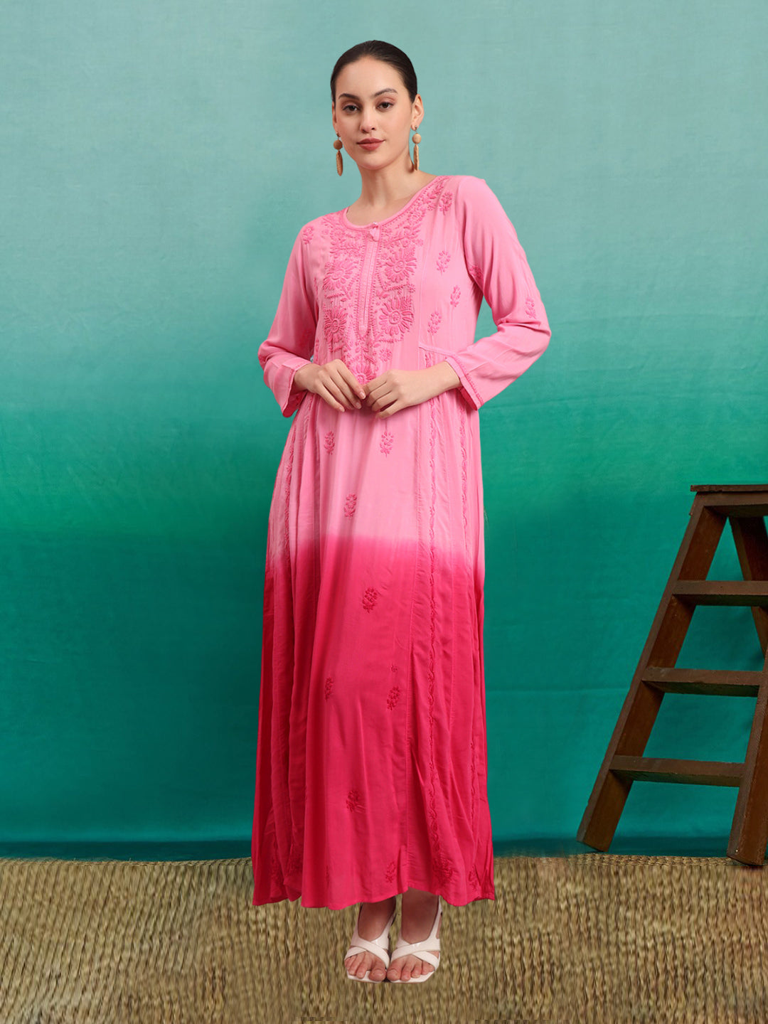 Hand Embroidered Chikankari Modal Ombre Jalabiya-AL4018 Pink