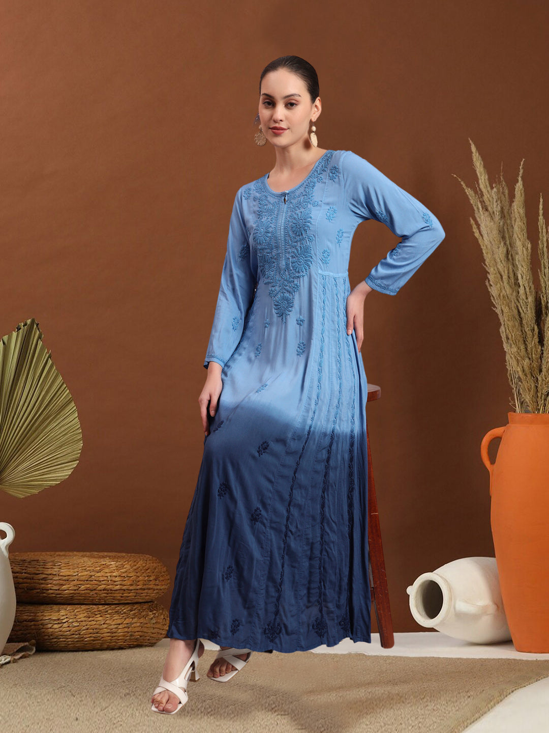 Hand Embroidered Chikankari Modal Ombre Jalabiya-AL4018 Blue