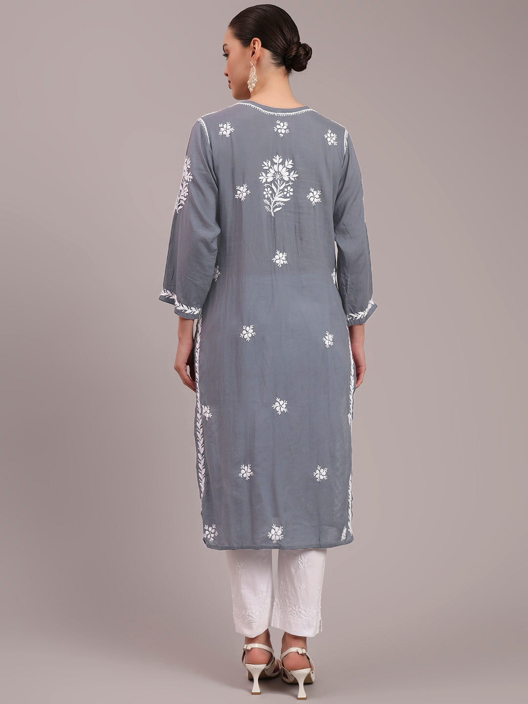 Women Hand Embroidered Modal Chikankari Kurta-AL4059 Grey