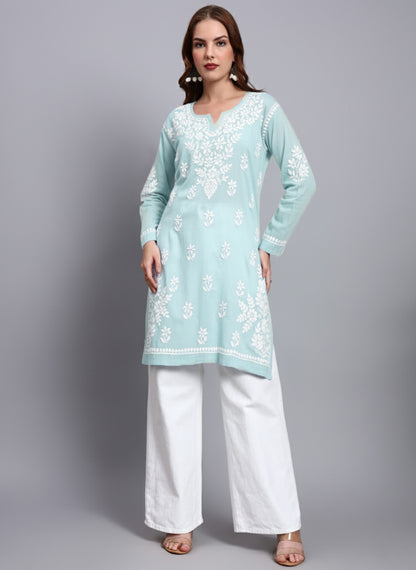 Women Hand Embroidered Chikankari Cotton Kurti -AL3685 Seagreen